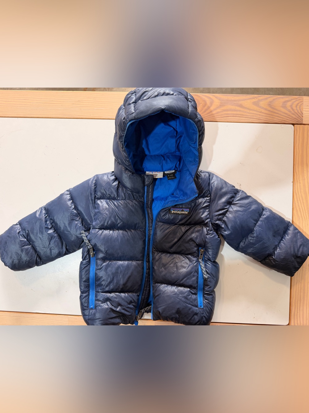 Patagonia Kids Navy Blue Puffer Jacket with Bright Blue Lining